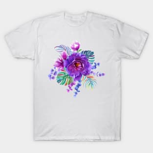 Colorful summer ptropical bouquet, peony flower, palm leaves T-Shirt